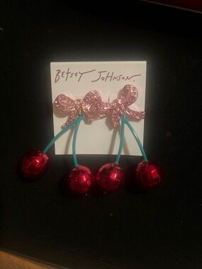 Betsey Johnson Pink Bow Cherry Drop Earrings